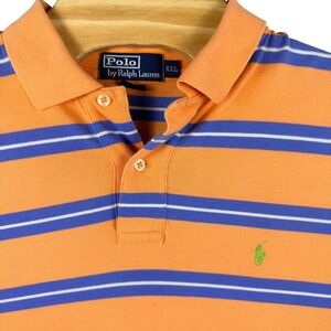 VINTAGE Polo Ralph Lauren Mens XXL Orange Blue Striped Short Sleeve Pony Shirt